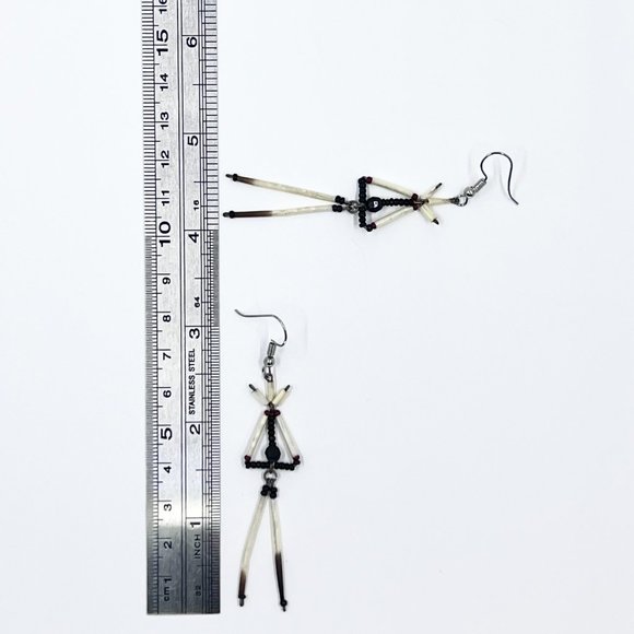 Beautiful Porcupine Quill Black & Red Beaded Silver Tone Fishhook Earrings - Picture 7 of 7